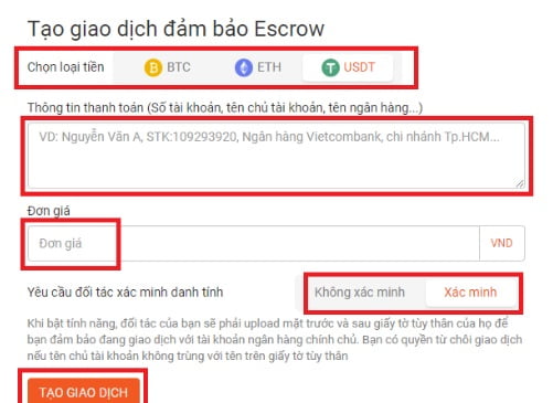 Tạo giao dịch qua Escrow - Usdt Bitcoin T-rex