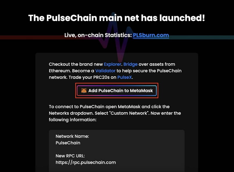 Click chọn vào hình con cáo "Add Pulsechain to MetaMask".